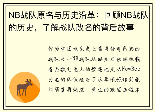 NB战队原名与历史沿革：回顾NB战队的历史，了解战队改名的背后故事