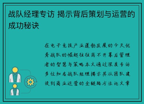 战队经理专访 揭示背后策划与运营的成功秘诀