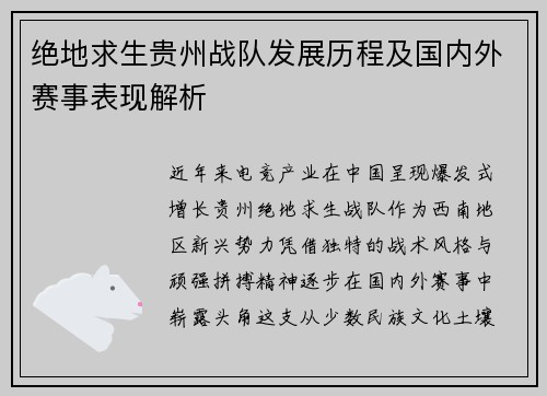 绝地求生贵州战队发展历程及国内外赛事表现解析